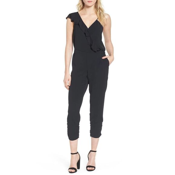 Parker Ruffled Jumpsuit Size 2 Black Ruffle Faux Wrap